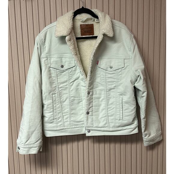 Levi’s Premium Ex-Boyfriend Corduroy Sherpa Trucker Jacket Women’s Size L - Picture 2 of 13